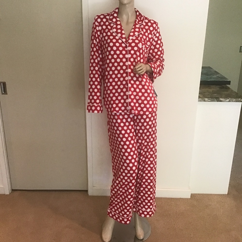 NEW NWT Kate Spade Long PJs Pajama Set Red White Polka Dot 2 Piece Sleepwear M